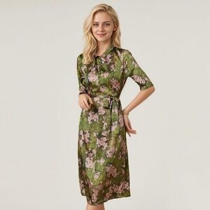 Green Silk Midi Dress Collared Office Elegance Style Real Silk Life Size M-LSK2